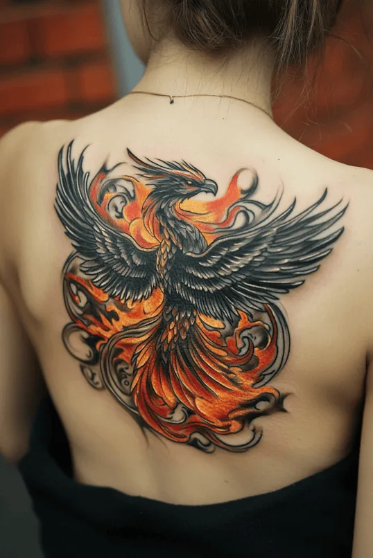 Vibrant Full-Back Phoenix Tattoo