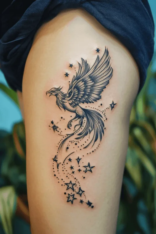 Celestial Phoenix Thigh Tattoo