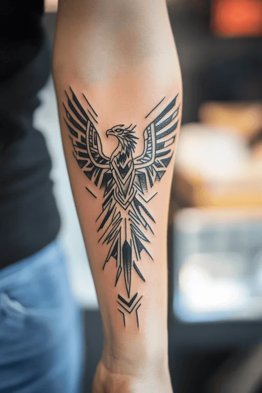 Geometric Phoenix Forearm Tattoo