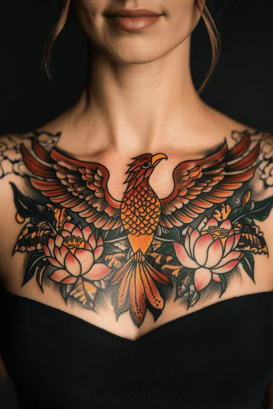 Traditional Phoenix Chest Tattoo with Floral Accents