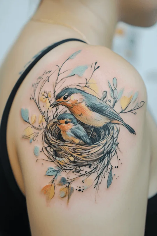 Mother and Baby Bird Nest Tattoo