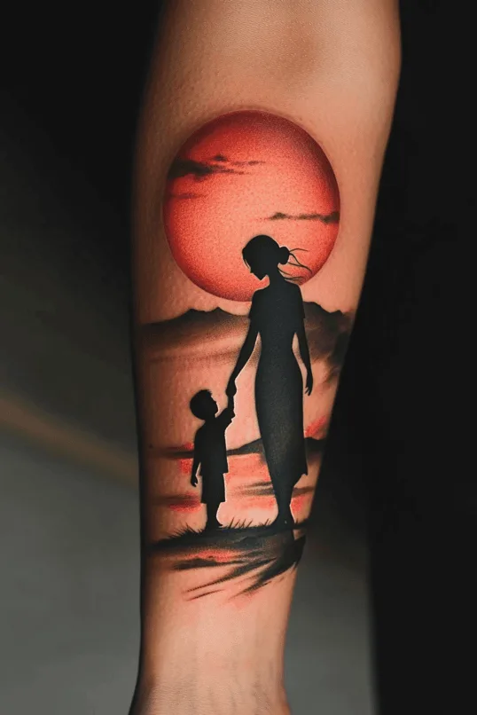 Silhouette Mother and Son Sunset Tattoo