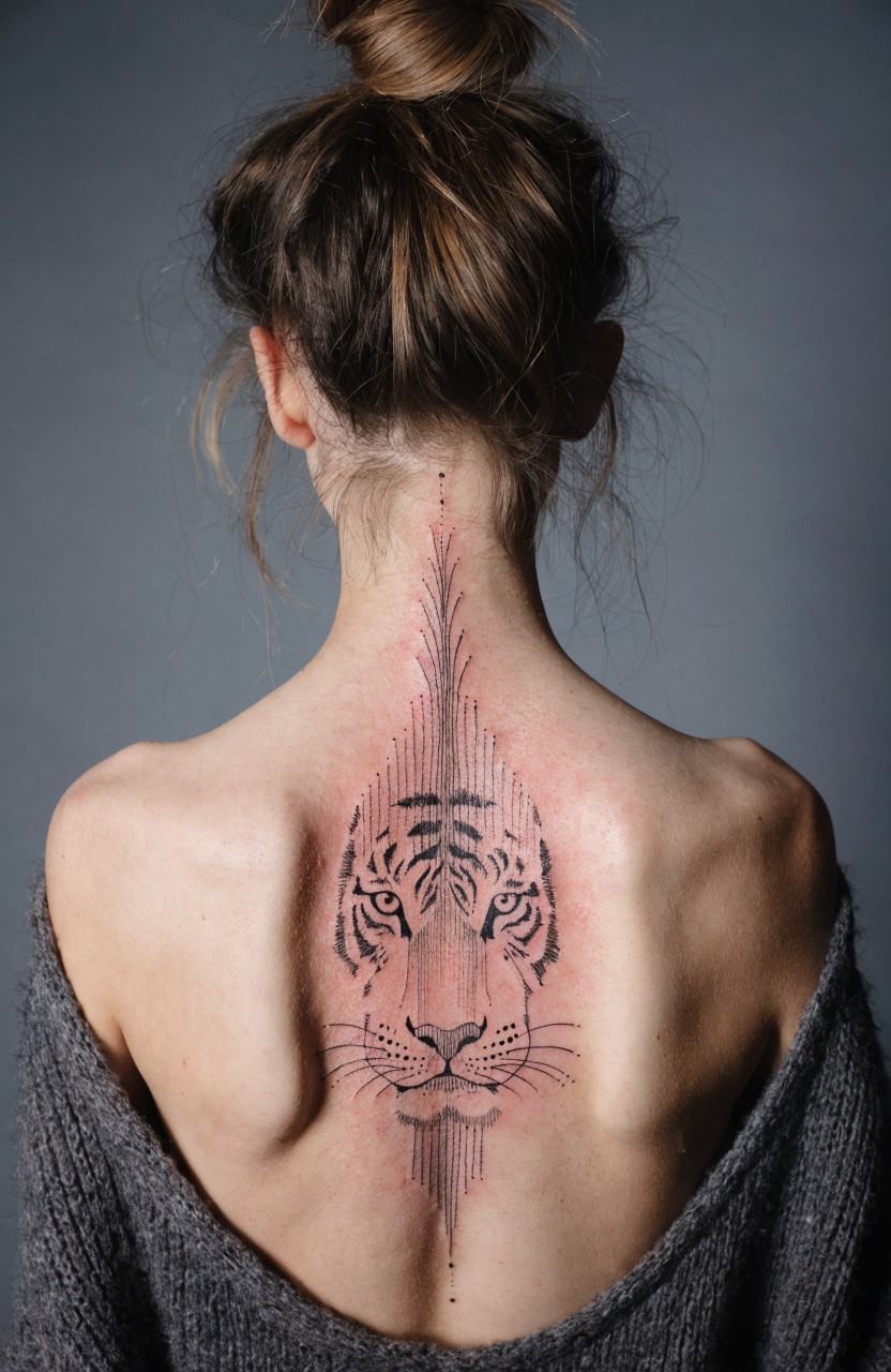 Minimalist black linework tiger face tattoo on a woman's upper back, centered along the spine with upward radiating geometric lines