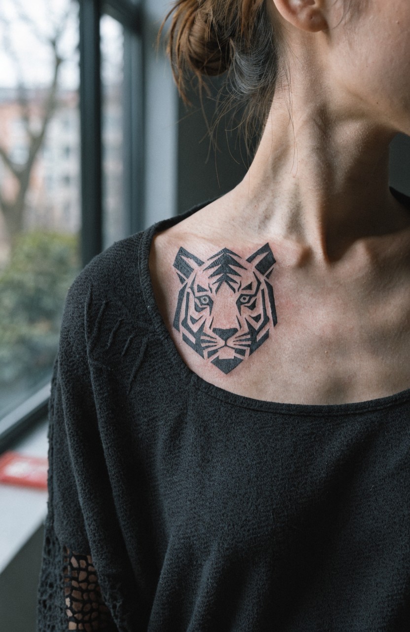 Black geometric line art tiger head tattoo on a woman's collarbone and upper shoulder
