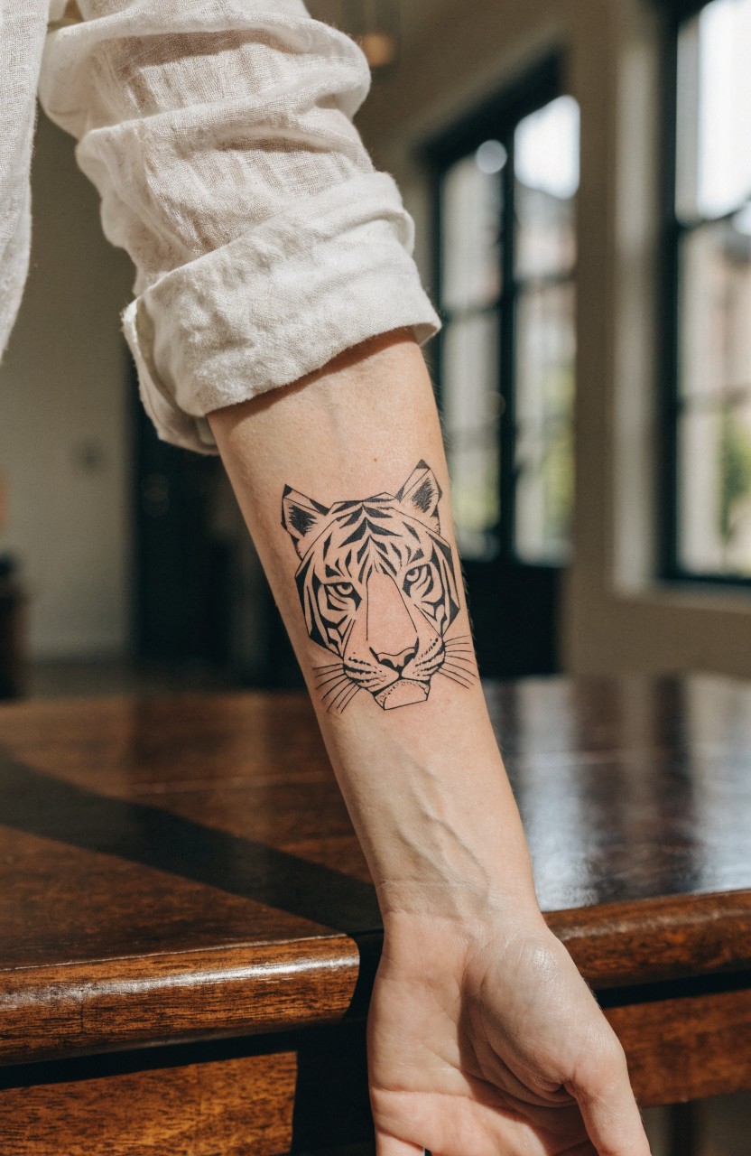 Minimalist black line art tiger head tattoo on a woman's inner forearm against a wooden table