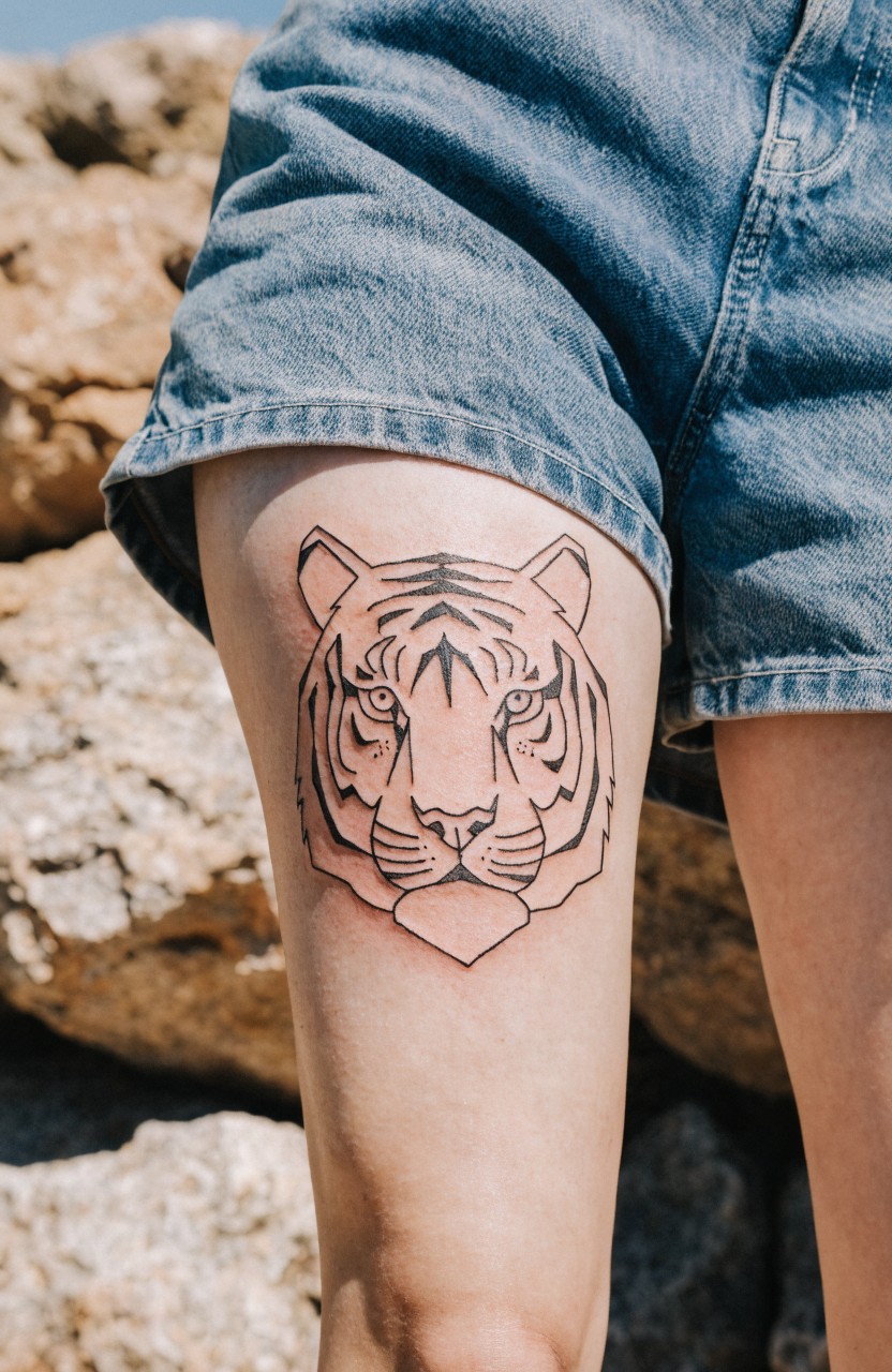 Black line art tiger head tattoo on a woman's upper thigh, shown peeking from rolled-up denim shorts against rocks