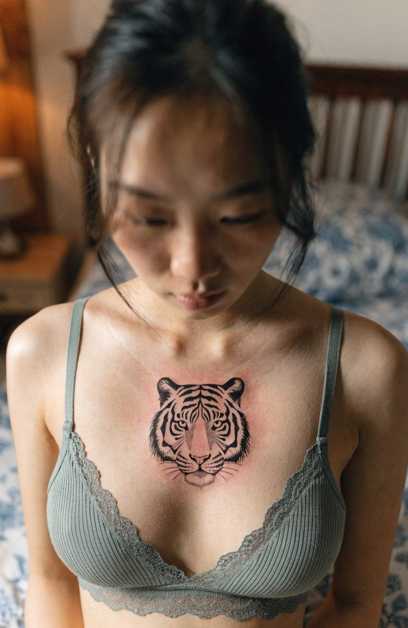 Minimal black linework tiger head tattoo centered on a woman's upper chest, visible above a light green lace bra