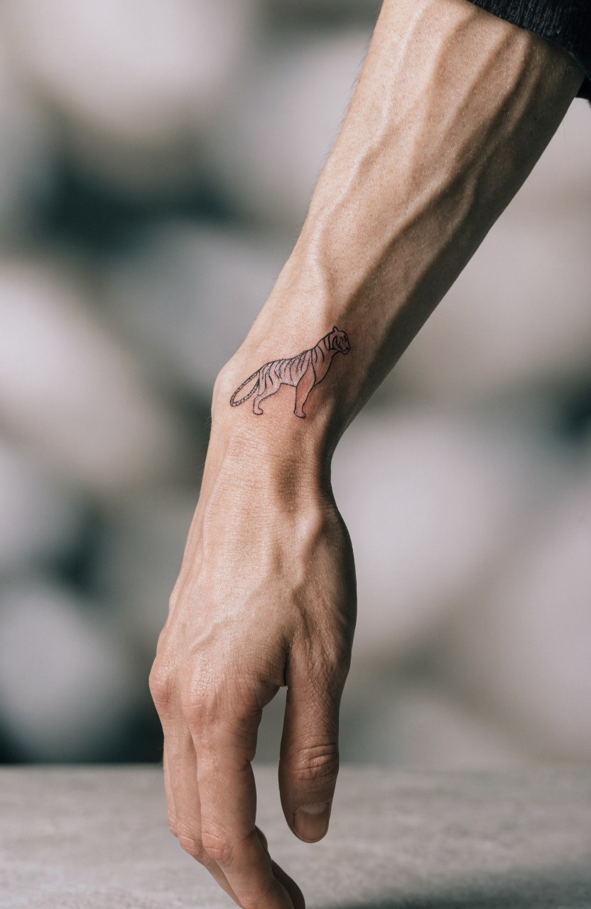 Minimal line art tiger tattoo on inner forearm with thin outlines and subtle stripes