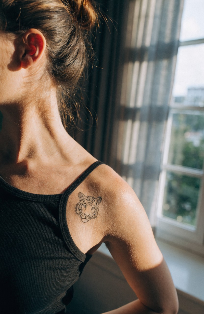 Minimal black line art tiger head tattoo on a woman's shoulder under black tank top strap by a sunlit window
