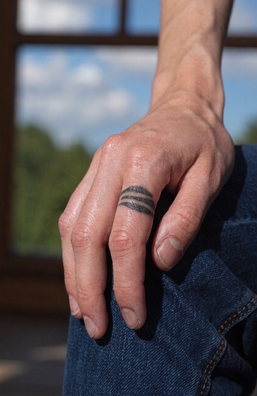 Thin black tattoo of three parallel tiger stripes forming a ring around a ring finger on a hand resting on jeans, viewed through a window with trees outside