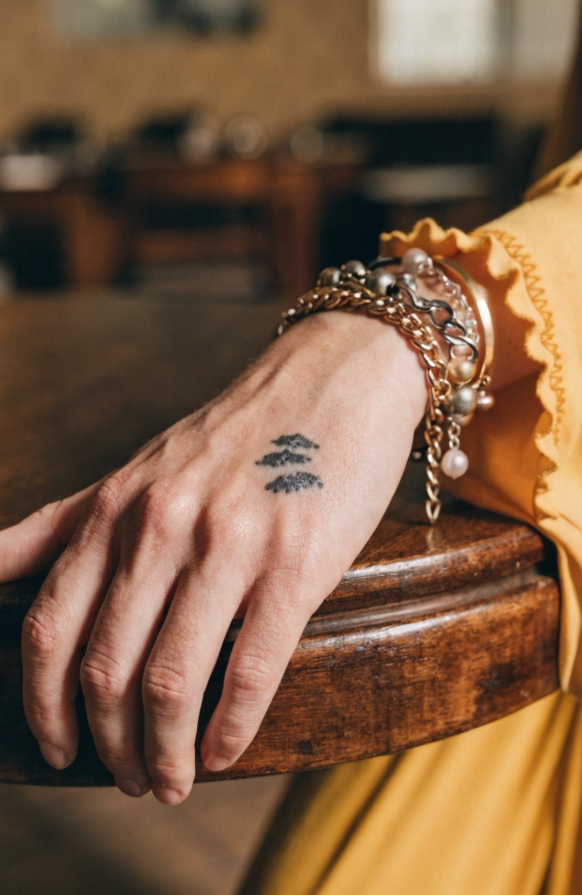Woman's hand resting on wooden table with two small minimalist black tree tattoos on back, stacked gold and pearl bracelets, yellow ruffled sleeve in cafe setting