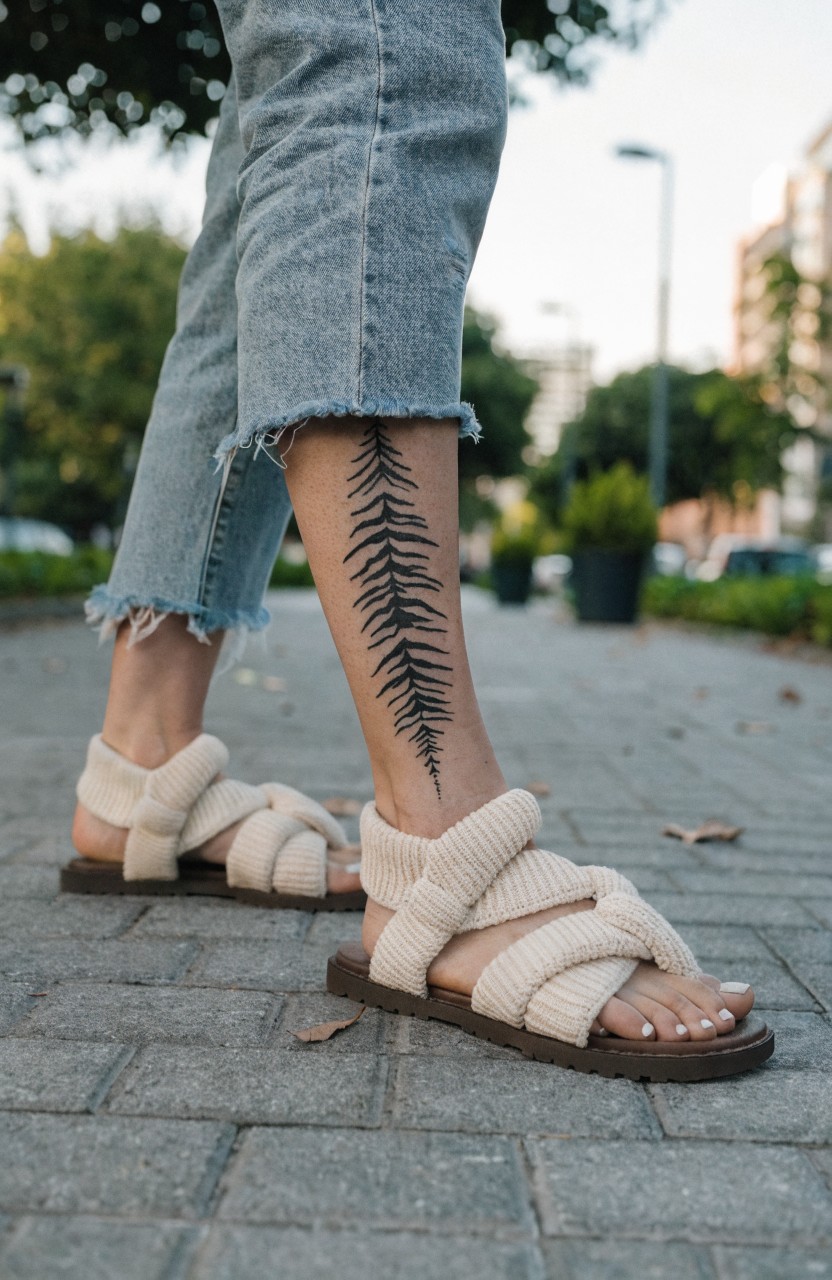 Woman's lower leg featuring a minimalist black line tattoo of a tall fern frond running vertically up the shin, dressed in frayed light wash jeans and chunky knit white sandals, standing on a paved walkway with trees and buildings in the background.