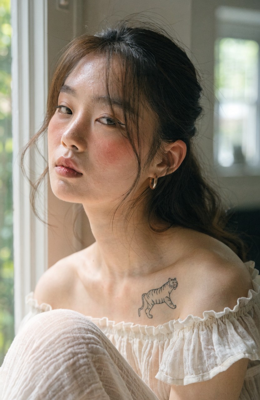 Minimalist black line art tiger tattoo on a woman's shoulder, outlined in a stalking pose against her skin