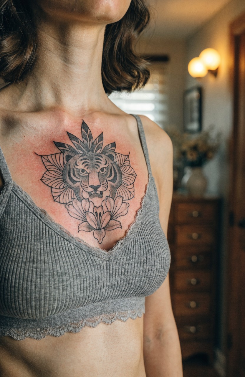Symmetrical chest tattoo of tiger head framed by lilies and leaves in fine black linework with red flower accents