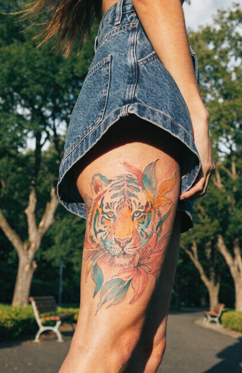 Woman's upper thigh with large colorful tiger head tattoo integrated with orange lilies and leaves, shown under short denim skirt in park setting
