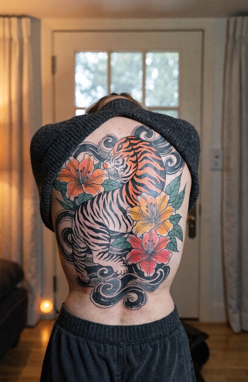 Large back tattoo of two tigers in orange and white stripes intertwined amid swirling clouds and waves with red orange and yellow lilies in traditional Japanese style