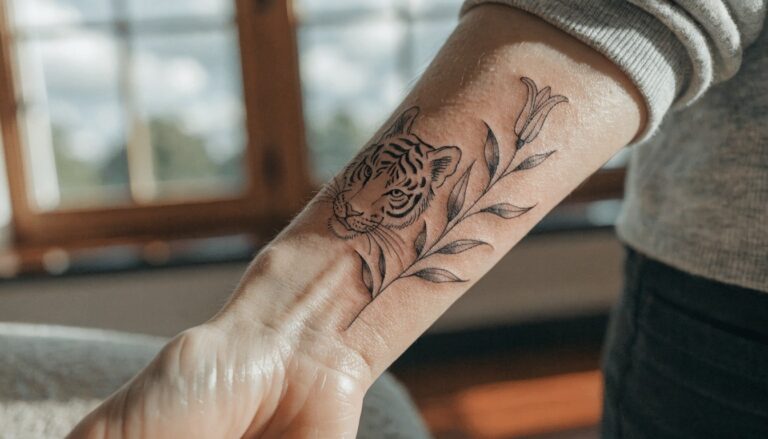 18 Timeless Tiger and Lily Tattoo Ideas That Stay Stylish Line art tattoo of tiger head with lily flower on inner forearm, thin black outlines on pale skin