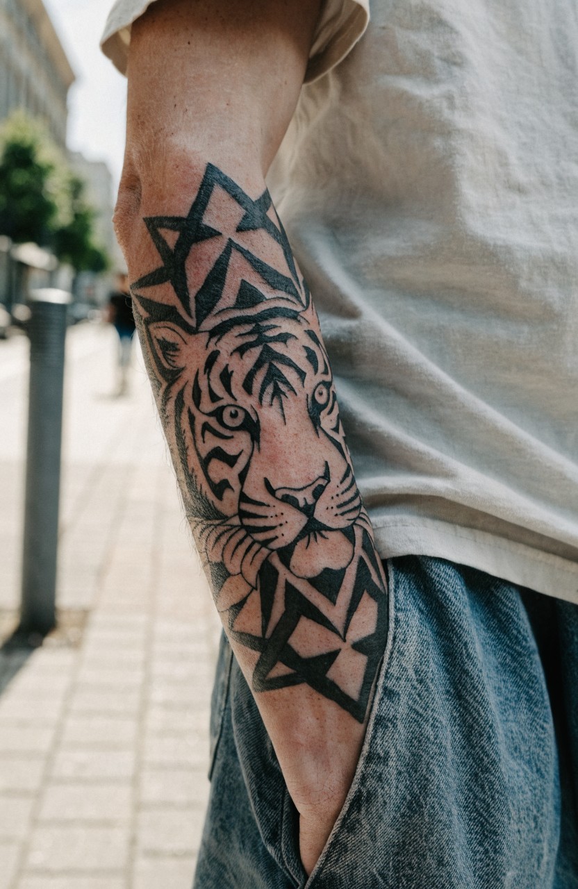 Black linework tattoo of tiger head surrounded by geometric triangles on man's outer forearm