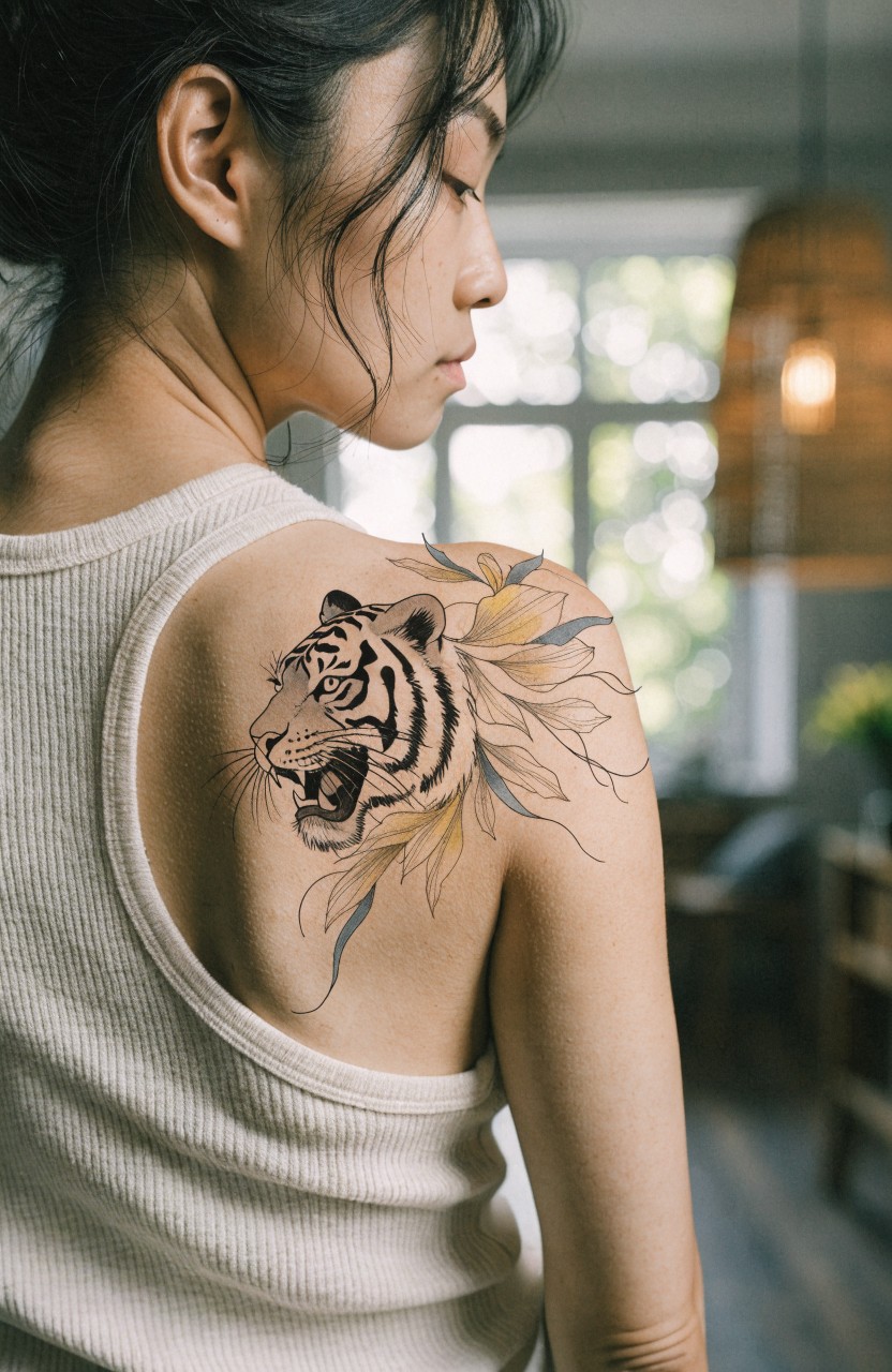 Closeup of snarling tiger head tattoo with lily flowers on a woman's shoulder, black ink with subtle color accents, viewed from the side