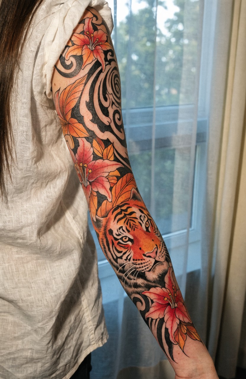 Woman's arm tattoo showing a snarling tiger surrounded by red lilies and black tribal swirls in neo-Japanese style