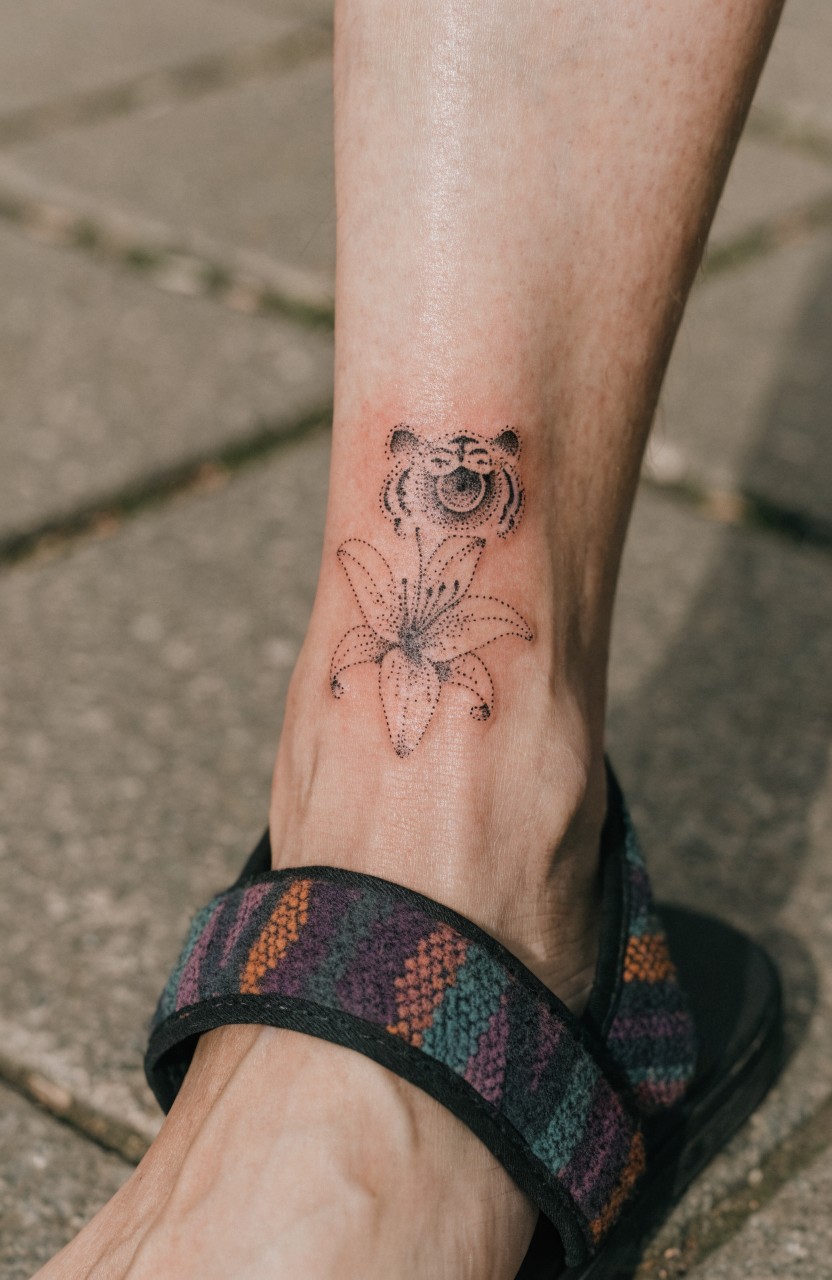 Delicate black line tattoo of a tiger face above a lily flower on the ankle, shown on a leg wearing colorful strap sandals