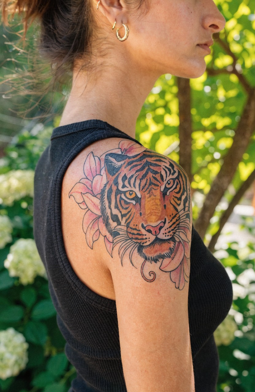 Woman's shoulder tattoo of a snarling tiger face with pink lilies wrapping around it, vibrant orange fur and detailed shading on tanned skin