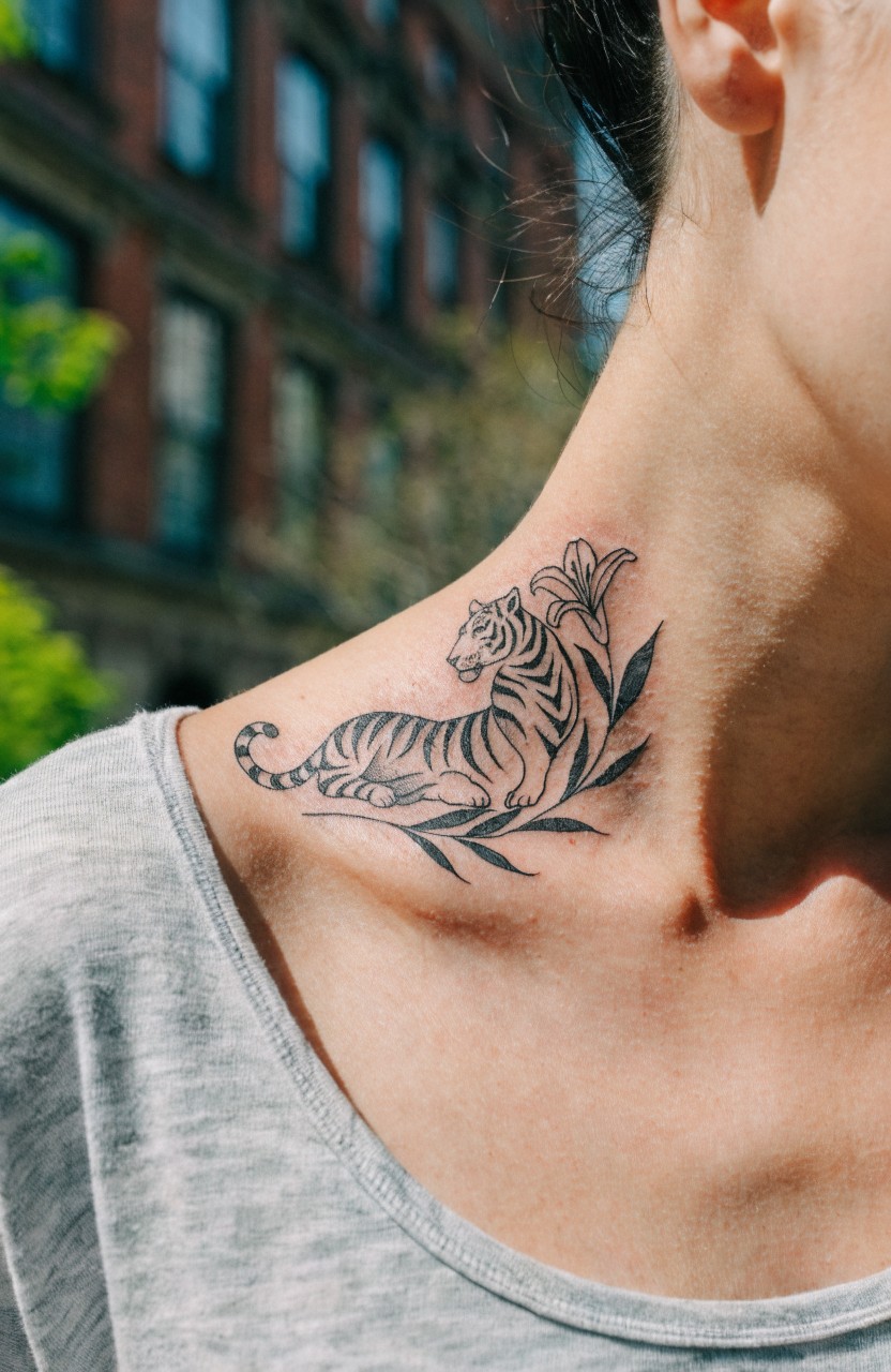 Black ink linework tattoo of a tiger with lily flower and leaves on a woman's side neck and shoulder against brick buildings