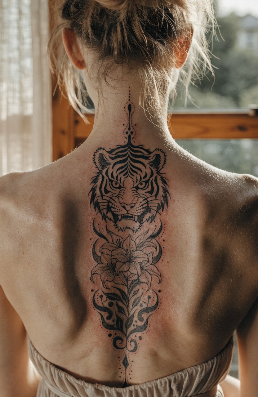 Black linework tattoo of snarling tiger face with lily flower on woman's upper back, centered on spine with ornate patterns