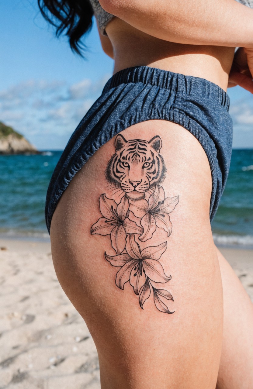 Black linework tattoo of tiger face with cascading lily flowers on woman's upper thigh against beach background