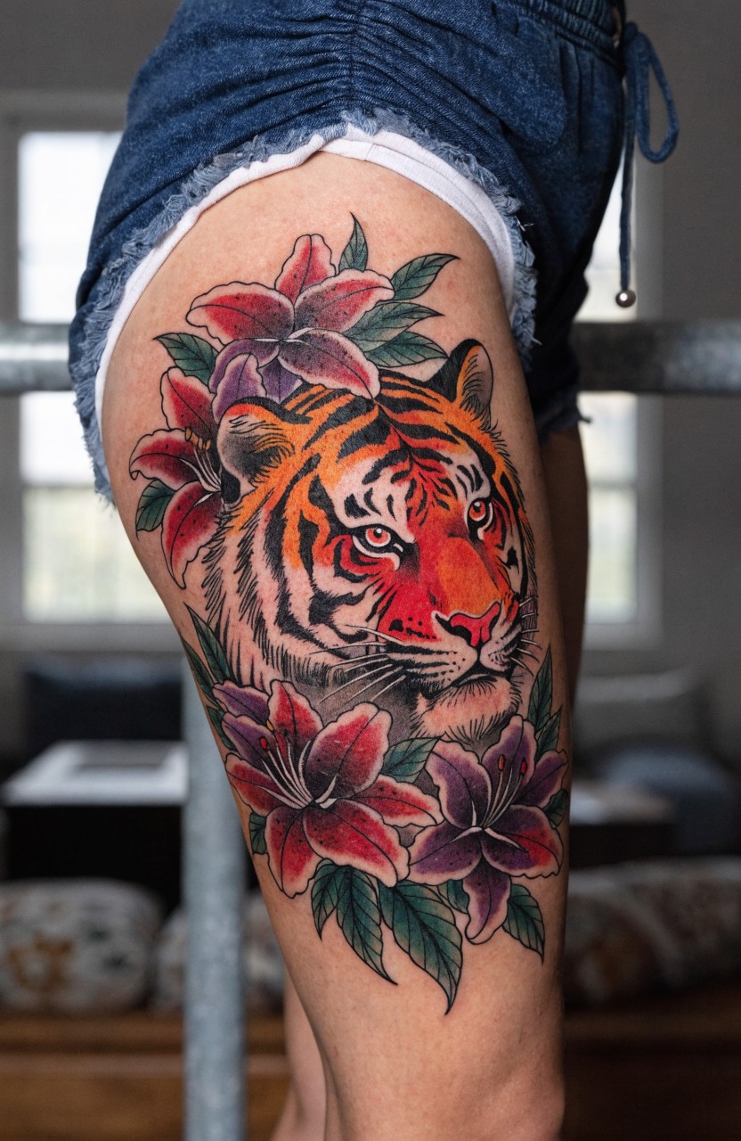 Vibrant orange tiger head tattoo surrounded by purple and red lilies on a woman's upper thigh