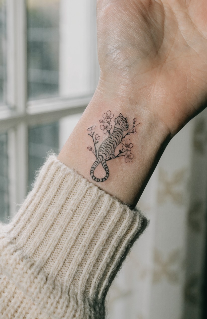 Delicate fine line tattoo on inner wrist of tiger coiled on cherry blossom branches