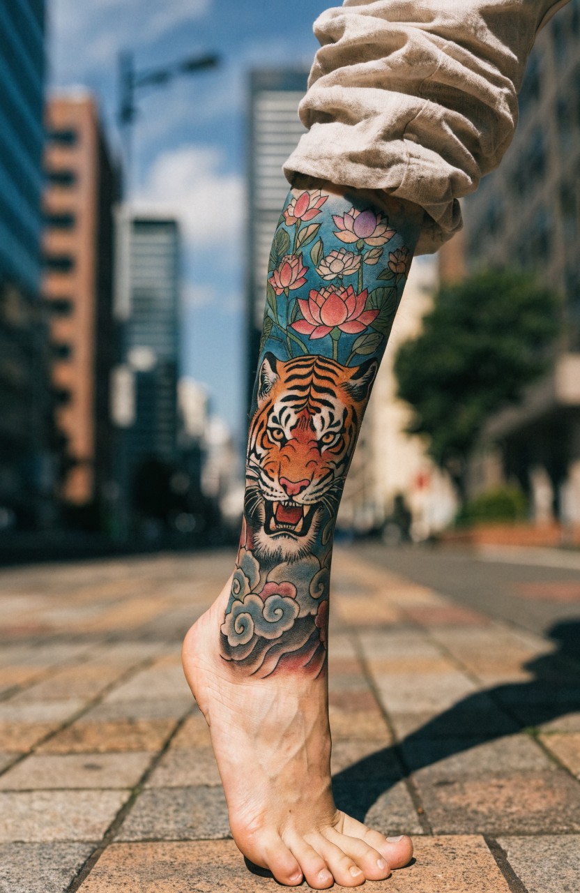 Man's bare right leg with large Japanese irezumi tiger tattoo integrated with blue lotus flowers and red clouds, posed on urban street pavement