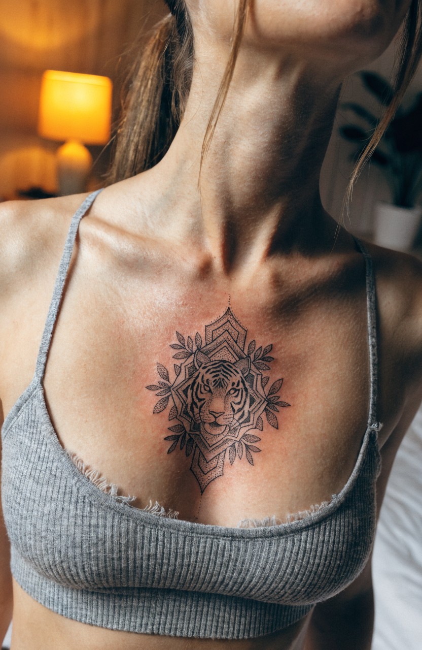 Black linework tattoo of tiger face in geometric floral mandala on woman's upper chest