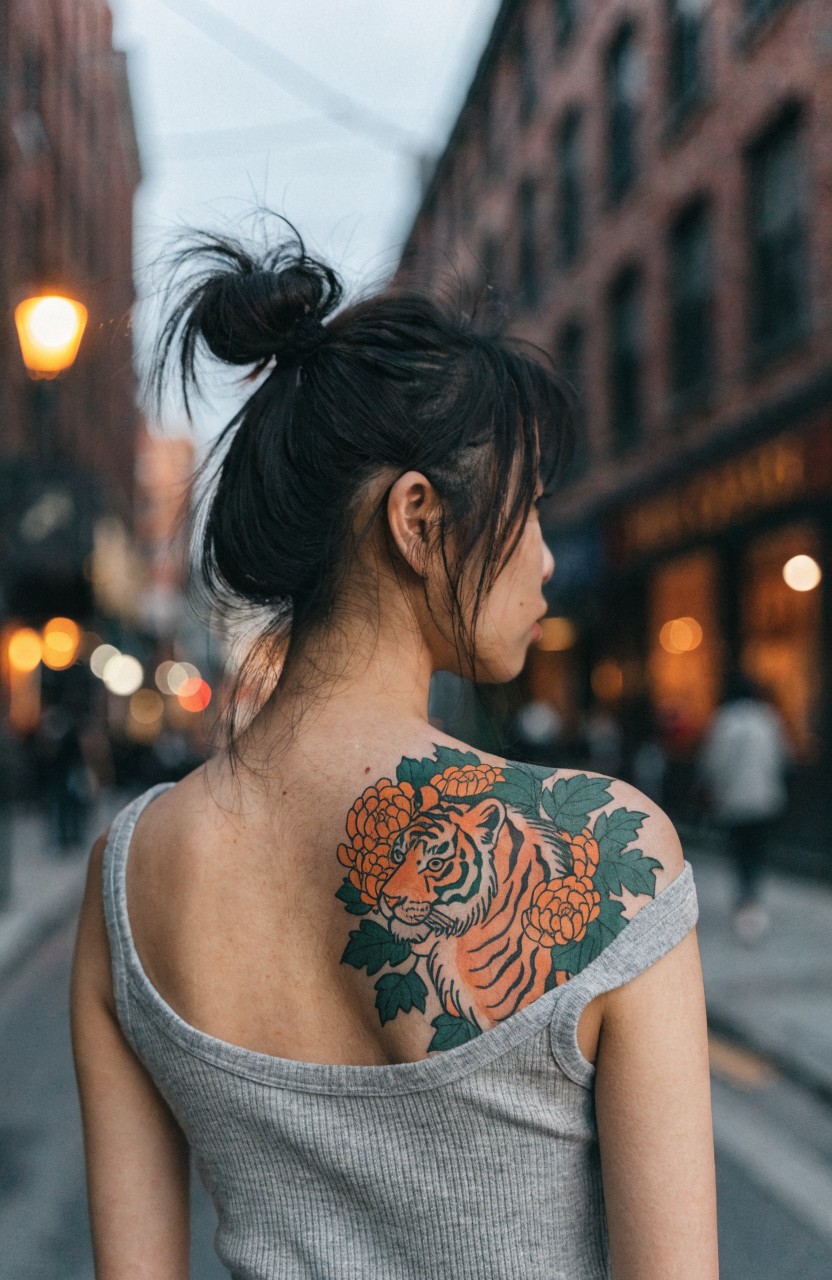 Close-up of a woman's upper back showing a large Japanese-style tiger tattoo with orange chrysanthemums and green leaves on her shoulder blade