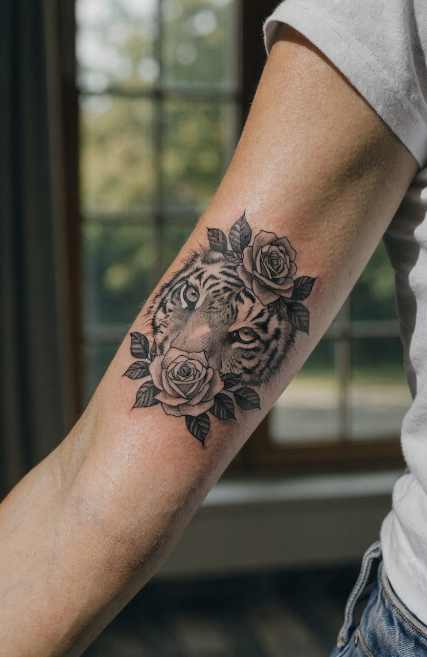 Black and gray tiger head tattoo framed by detailed roses on outer upper arm