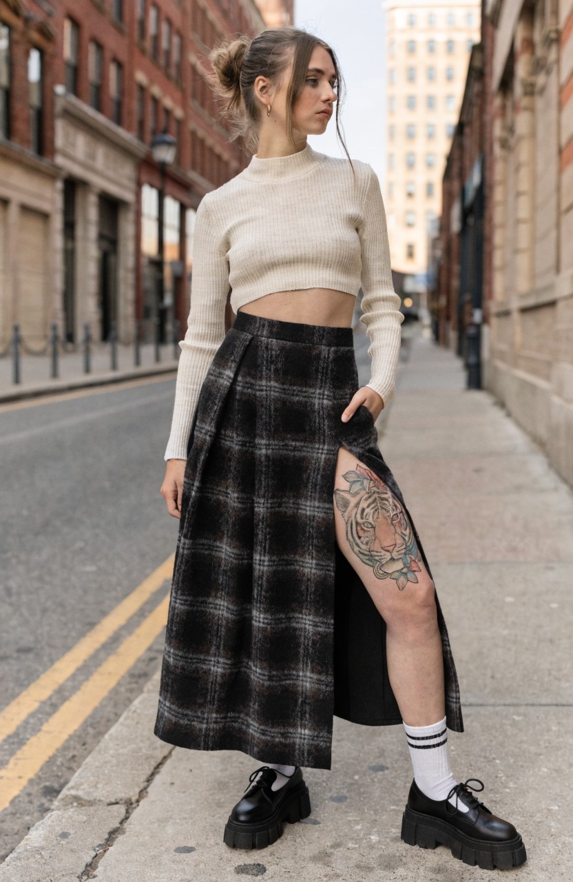 Vibrant tiger head tattoo on a woman's upper thigh, shown through a high skirt slit, with bold orange fur, black stripes, and blue accents on city street