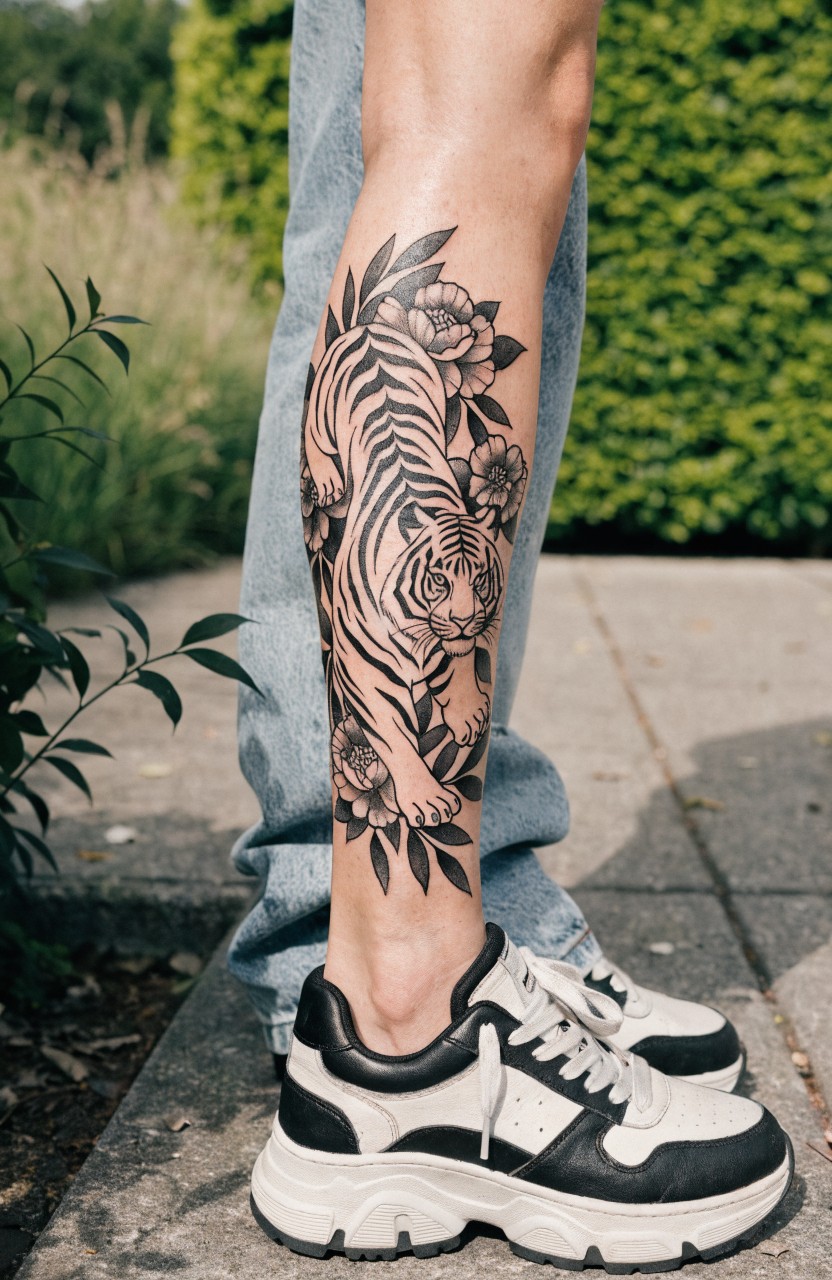 Realistic black and grey tiger prowling amid large peony flowers tattooed on a woman's outer lower leg from ankle to knee