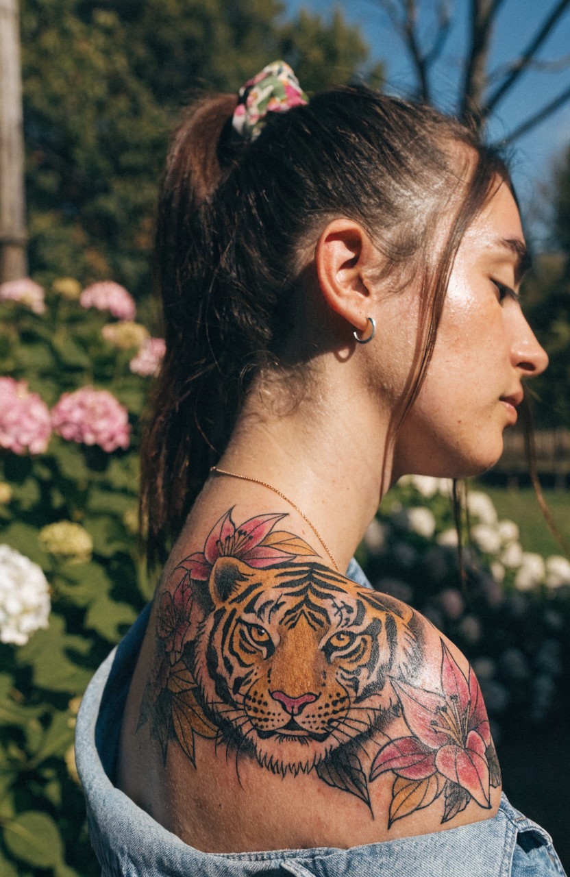 Woman's profile showing colorful tiger head tattoo with pink flowers on her shoulder against garden backdrop