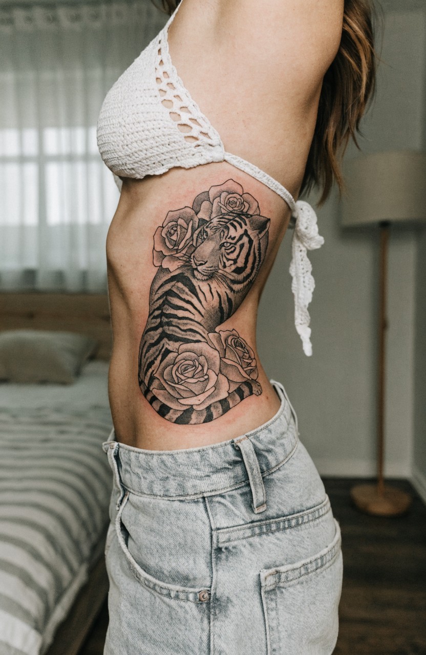 Black and grey tiger curled with roses tattoo on a woman's side torso over ribs and hip