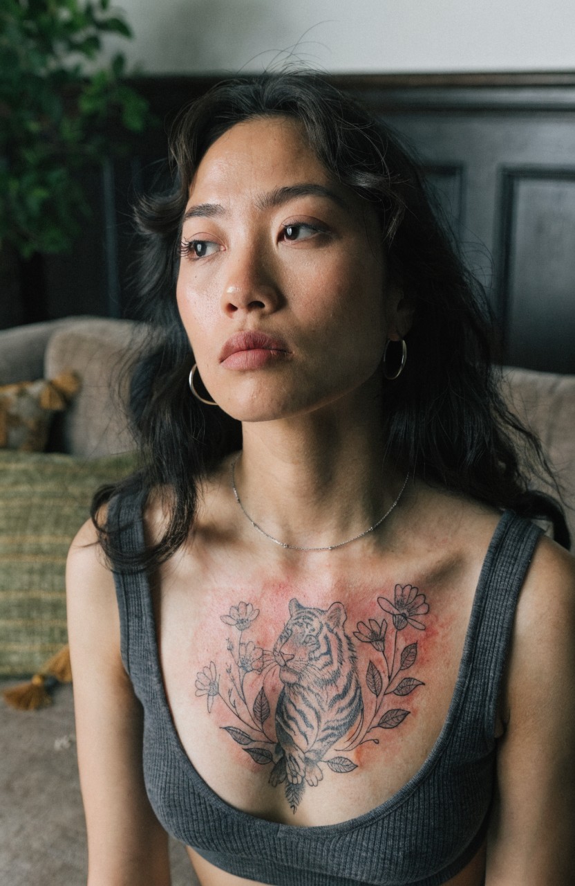 Woman modeling a chest tattoo of a tiger head surrounded by flowers in fine black linework with red shading on petals