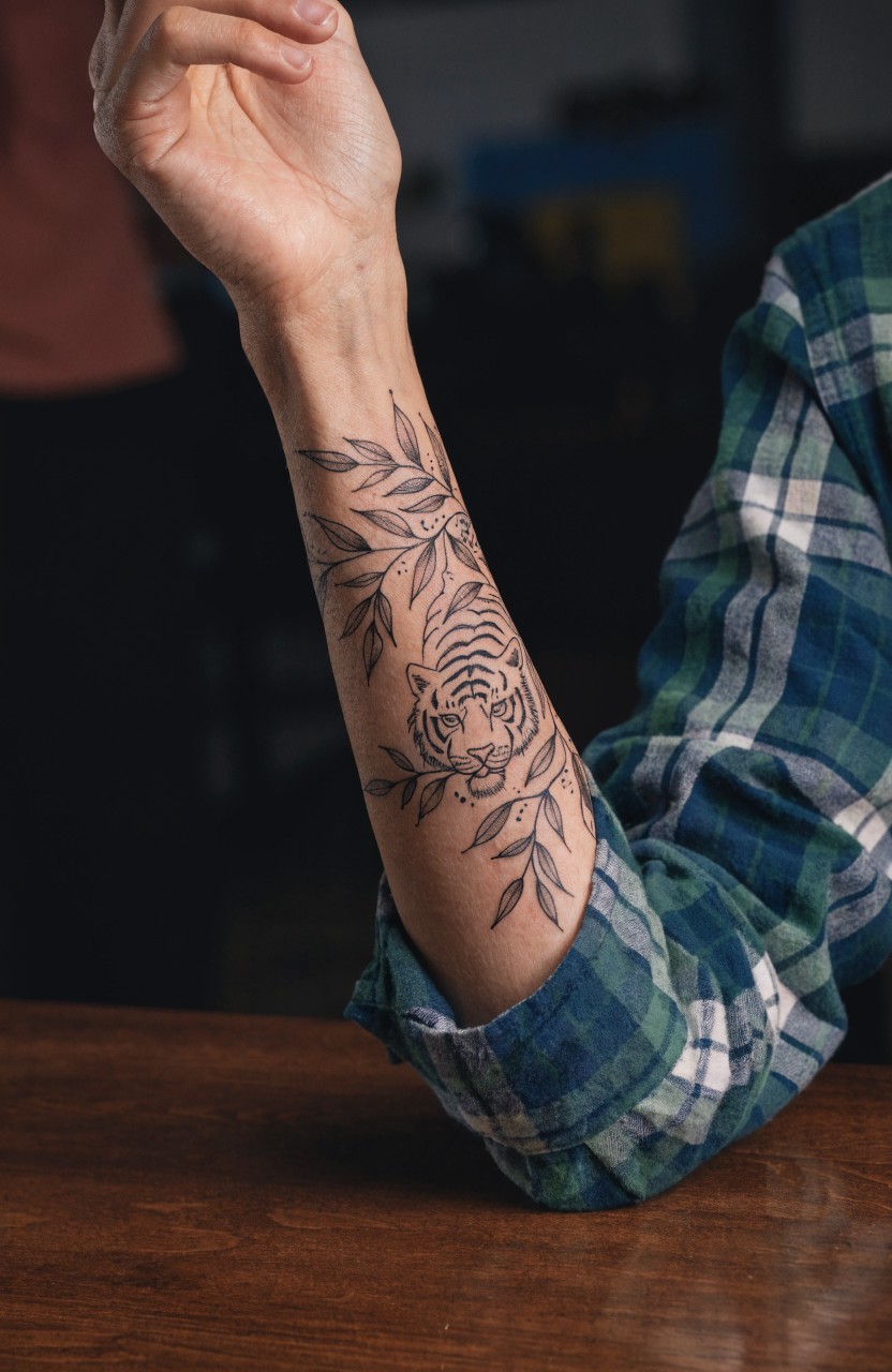 Fine line black ink tattoo of a tiger head nestled among delicate leaves on a forearm, shown on a person in a plaid shirt sleeve rolled up