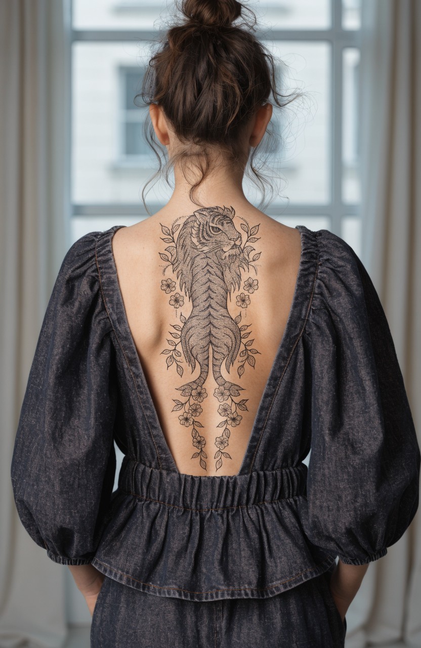 Black ink tiger tattoo with floral vines running vertically down the spine across a woman's full back, viewed from behind through an open-back navy dress