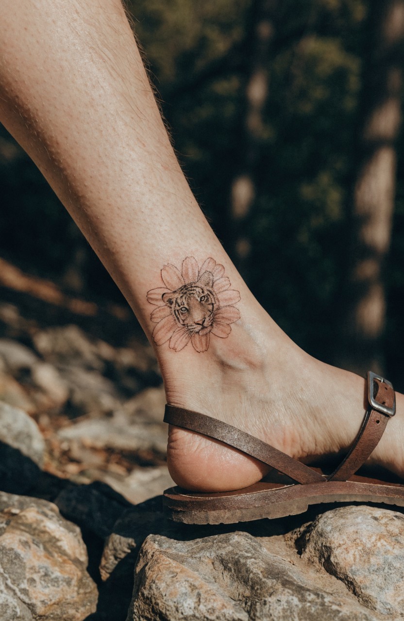 Delicate black linework tattoo of a tiger face inside sunflower petals on a person's ankle over rocks with a sandal strap visible