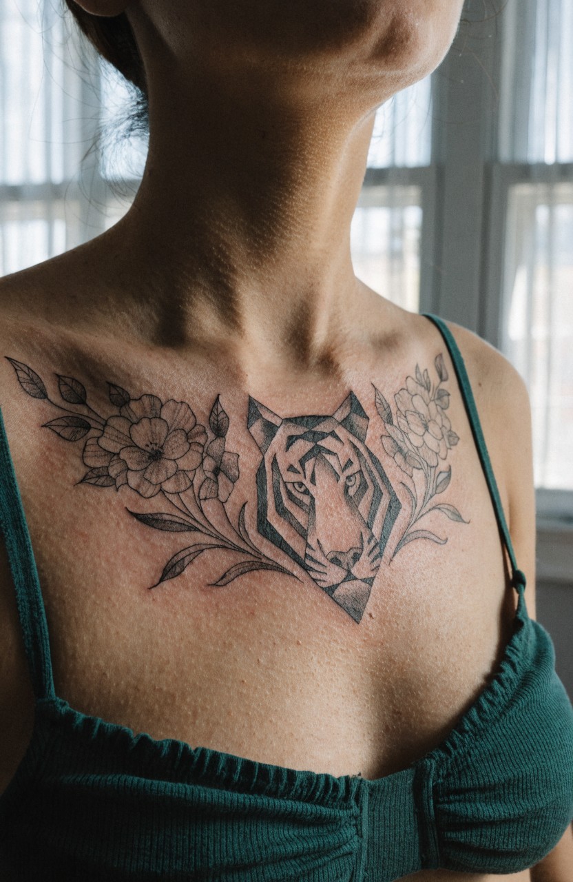 Black linework tattoo of geometric tiger head centered on a woman's upper chest, framed by clusters of detailed flowers and leaves on a green camisole top