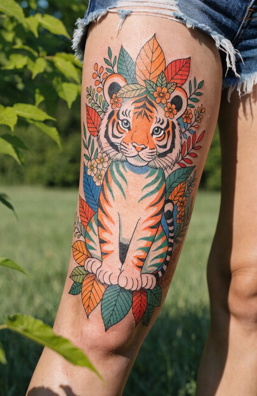 Vibrant thigh tattoo of sitting tiger cub surrounded by colorful autumn leaves and flowers