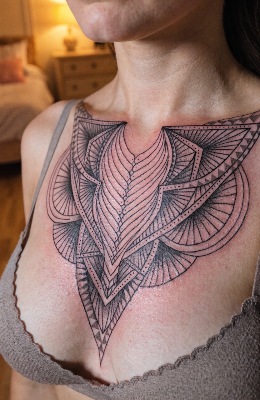 Woman's upper chest with intricate black linework geometric tattoo featuring triangular patterns, radial lines, and central feather-like elements across collarbone and sternum