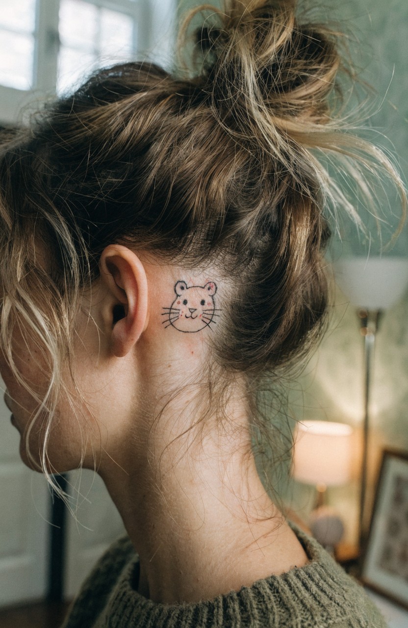 Closeup of a woman with a messy blonde bun and green sweater showing a small black line art tiger face tattoo behind her ear in a softly lit room