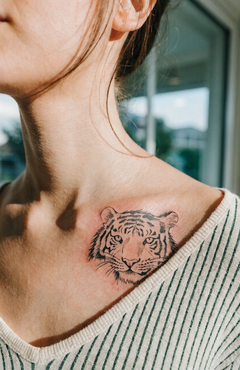 Black ink tiger head tattoo on a woman's collarbone with detailed linework stripes, whiskers, and shaded eyes