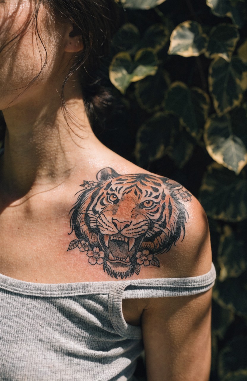 Woman's shoulder tattoo of a snarling tiger head in realistic black and gray ink surrounded by small flowers