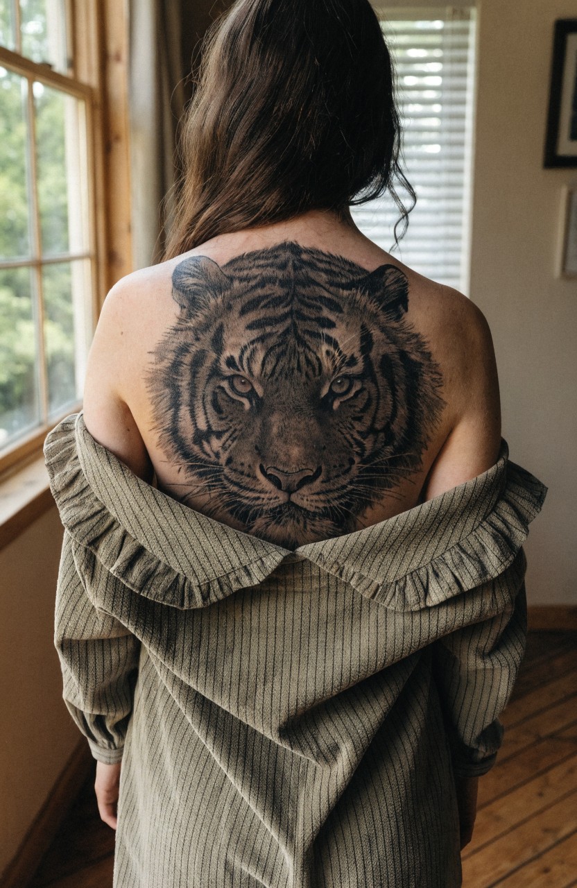 Tiger head on upper back
